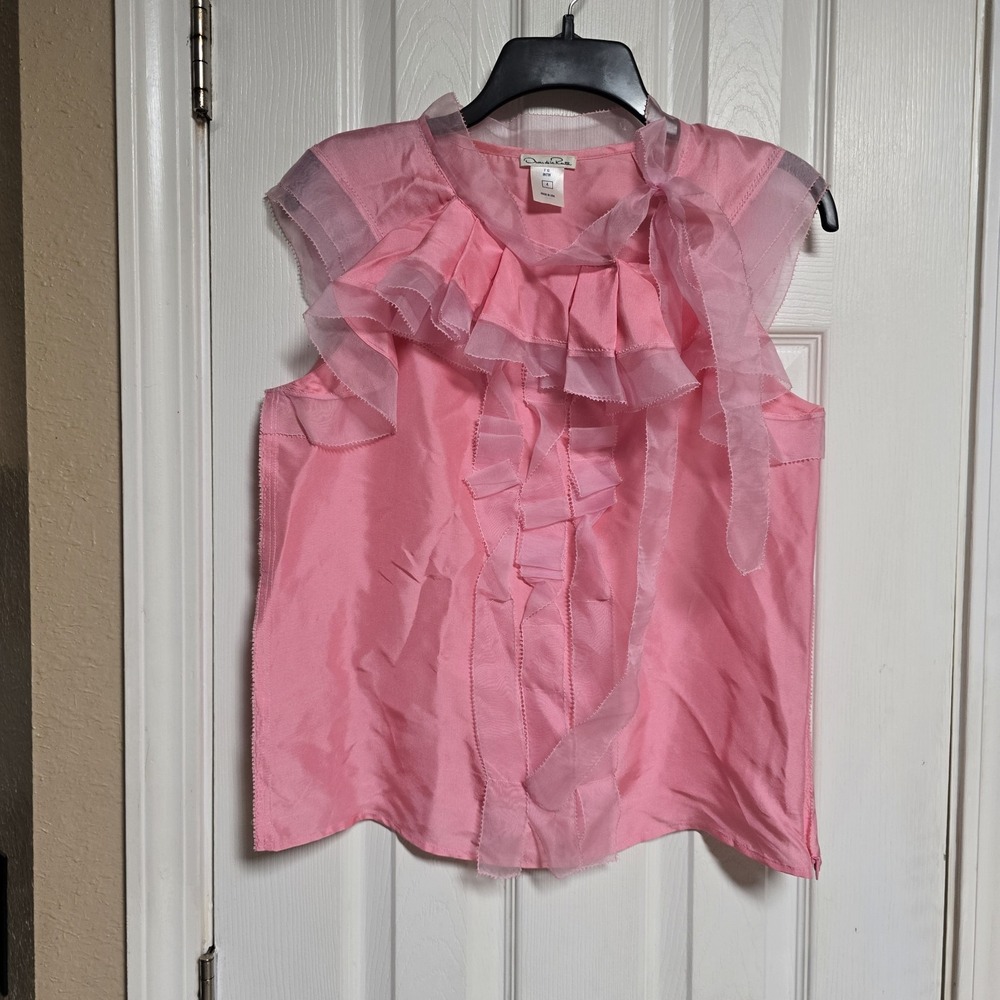 Vintage Oscar de la Renta Silk Blouse 4 Pink Ruffle Bow Tie Made USA Romantic